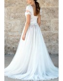 Modest Lace Wedding Dress With Short Sleeves And A Line Tulle Skirt