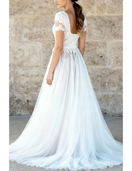 Modest Lace Wedding Dress With Short Sleeves And A Line Tulle Skirt