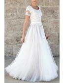 Modest Lace Wedding Dress With Short Sleeves And A Line Tulle Skirt