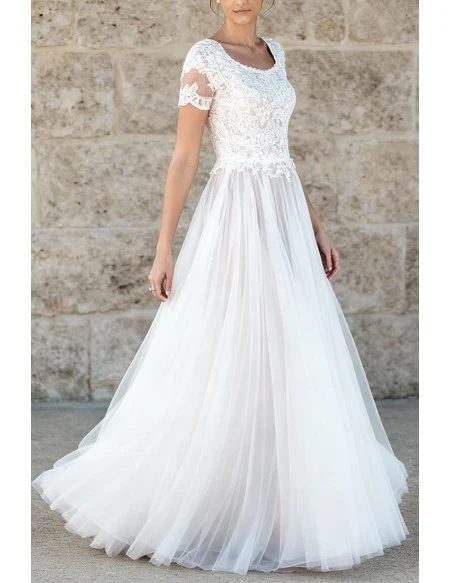 Modest Lace Wedding Dress With Short Sleeves And A Line Tulle Skirt
