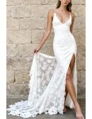 Exquisite White Lace Wedding Dress With Spaghetti Straps And High Slit