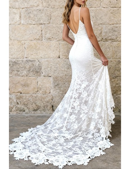 Exquisite White Lace Wedding Dress With Spaghetti Straps And High Slit