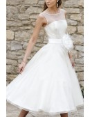 Chic White Tea Length Wedding Dress With Illusion Neckline And Feather Accent