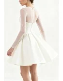 Ivory Satin Wedding Dress Illusion Neckline With Long Sleeves