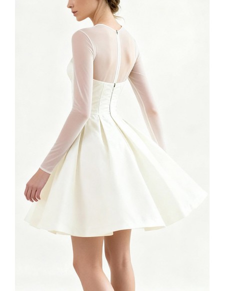 Ivory Satin Wedding Dress Illusion Neckline With Long Sleeves