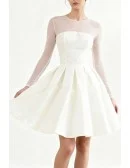 Ivory Satin Wedding Dress Illusion Neckline With Long Sleeves
