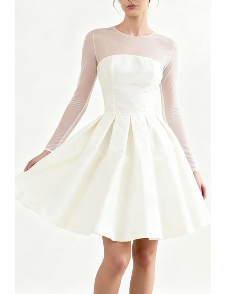 Ivory Satin Wedding Dress Illusion Neckline With Long Sleeves