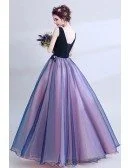 Dark Navy Blue Floral Prom Dress Long V-neck For Juniors
