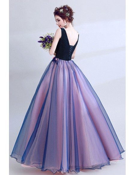 Dark Navy Blue Floral Prom Dress Long V-neck For Juniors