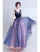 Dark Navy Blue Floral Prom Dress Long V-neck For Juniors