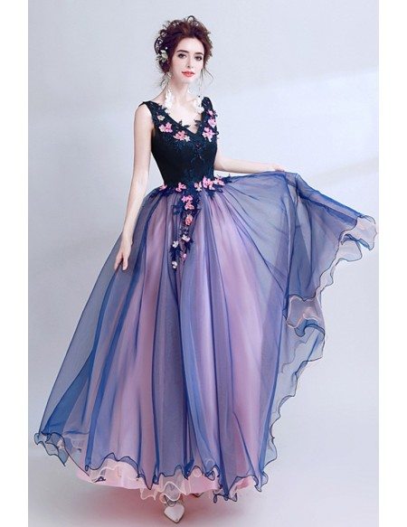 Dark Navy Blue Floral Prom Dress Long V-neck For Juniors