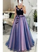 Dark Navy Blue Floral Prom Dress Long V-neck For Juniors