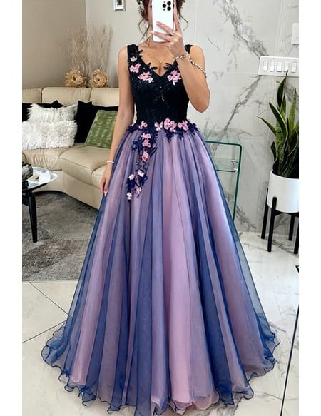 Dark Navy Blue Floral Prom Dress Long V-neck For Juniors