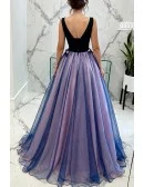 Dark Navy Blue Floral Prom Dress Long V-neck For Juniors