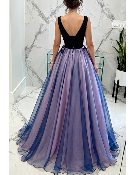 Dark Navy Blue Floral Prom Dress Long V-neck For Juniors