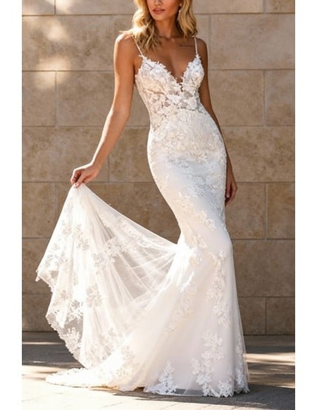 Exquisite White Lace Wedding Dress With Spaghetti Straps And Mermaid Silhouette