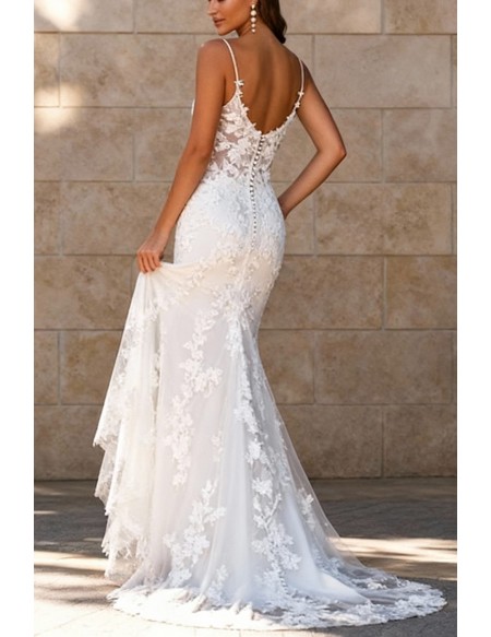 Exquisite White Lace Wedding Dress With Spaghetti Straps And Mermaid Silhouette