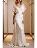 Graceful White V-Neck Wedding Dress With Short Sleeves And Floral Lace