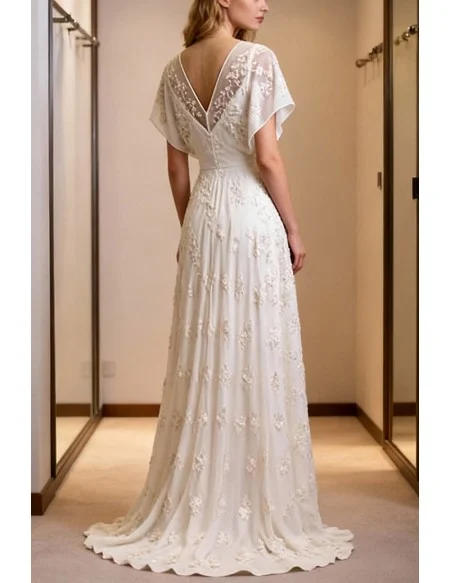 Graceful White V-Neck Wedding Dress With Short Sleeves And Floral Lace