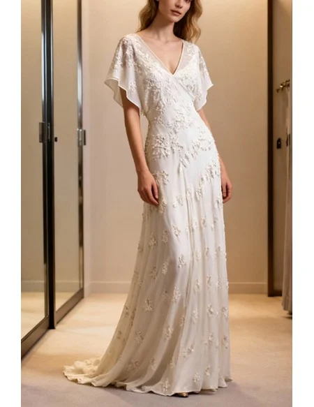 Graceful White V-Neck Wedding Dress With Short Sleeves And Floral Lace