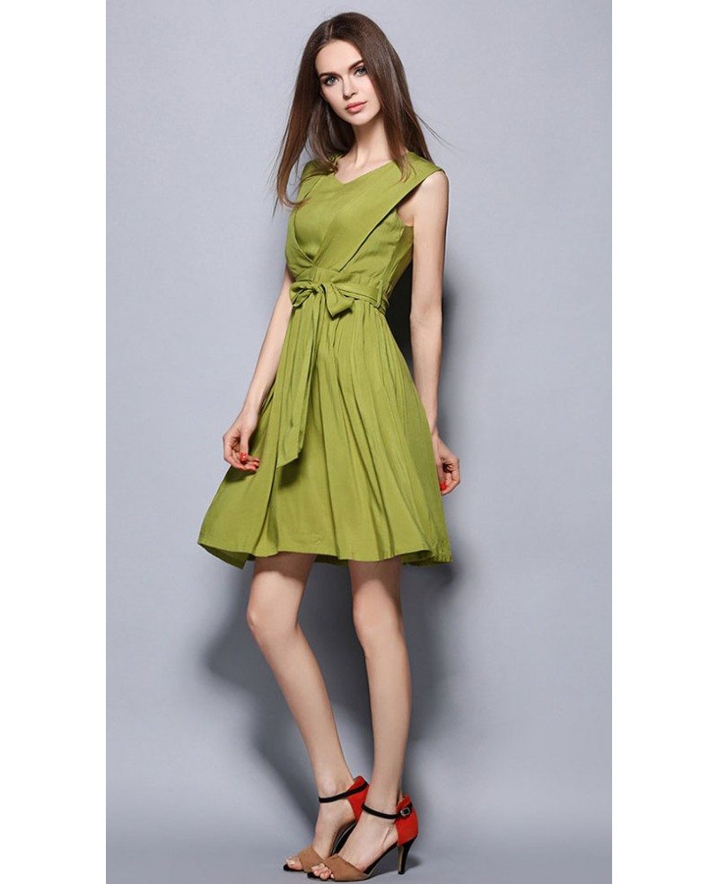 Olive Green V neck Ruffle Wedding Guest Dress GemGrace