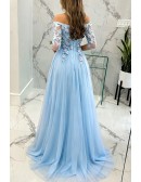 Fairy Blue Floral Prom Dress Beaded With Off Shoulder Sleeves