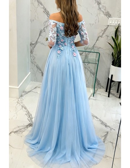 Fairy Blue Floral Prom Dress Beaded With Off Shoulder Sleeves