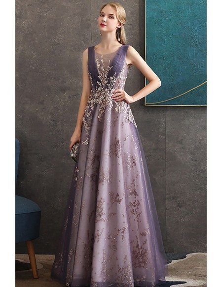 Luxury Purple Aline Formal Long Party Dress With Sparkly Embroidery