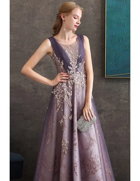 Luxury Purple Aline Formal Long Party Dress With Sparkly Embroidery