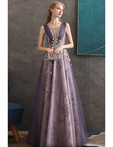 Luxury Purple Aline Formal Long Party Dress With Sparkly Embroidery