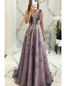 Luxury Purple Aline Formal Long Party Dress With Sparkly Embroidery
