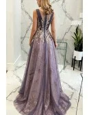 Luxury Purple Aline Formal Long Party Dress With Sparkly Embroidery
