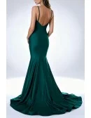 Sexy Hunter Green Satin Mermaid Thin Straps Evening Dress with Deep V-neck and Court Train