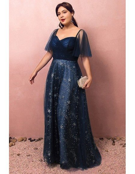 Custom Navy Blue Sparkly Star Prom Dress with Puffy Sleeves Plus Size High Quality