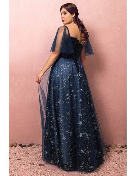 Custom Navy Blue Sparkly Star Prom Dress with Puffy Sleeves Plus Size High Quality
