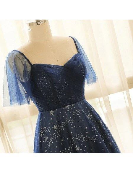 Custom Navy Blue Sparkly Star Prom Dress with Puffy Sleeves Plus Size High Quality