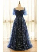 Custom Navy Blue Sparkly Star Prom Dress with Puffy Sleeves Plus Size High Quality