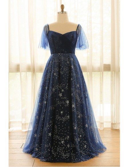 Custom Navy Blue Sparkly Star Prom Dress with Puffy Sleeves Plus Size High Quality