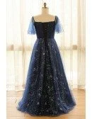 Custom Navy Blue Sparkly Star Prom Dress with Puffy Sleeves Plus Size High Quality