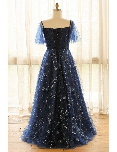 Custom Navy Blue Sparkly Star Prom Dress with Puffy Sleeves Plus Size High Quality