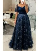 Custom Navy Blue Sparkly Star Prom Dress with Puffy Sleeves Plus Size High Quality