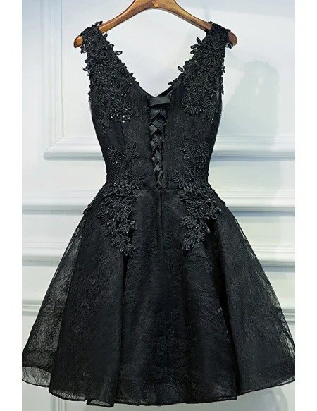 Chic Short Little Black Lace Prom Homecoming Dress V-neck Sleeveless
