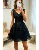 Chic Short Little Black Lace Prom Homecoming Dress V-neck Sleeveless