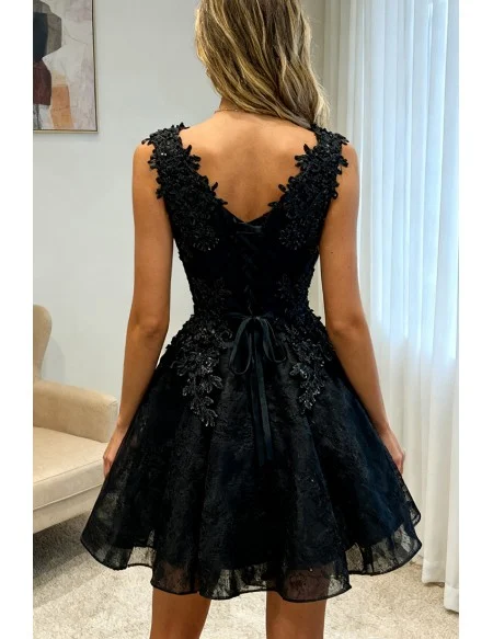 Chic Short Little Black Lace Prom Homecoming Dress V-neck Sleeveless