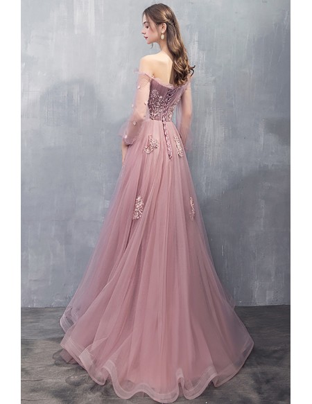 Gorgeous Long Tulle Pink Long Sleeved Prom Dress with Appliques