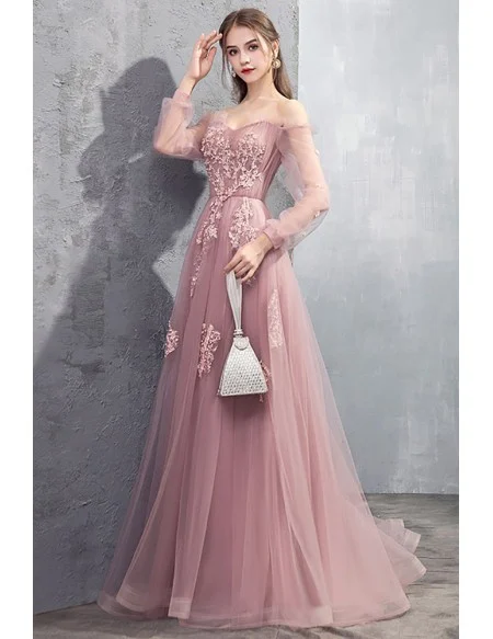 Gorgeous Long Tulle Pink Long Sleeved Prom Dress with Appliques