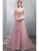 Gorgeous Long Tulle Pink Long Sleeved Prom Dress with Appliques