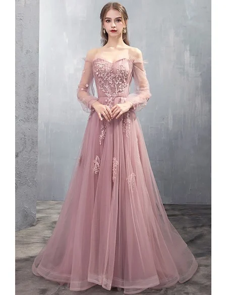 Gorgeous Long Tulle Pink Long Sleeved Prom Dress with Appliques