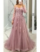 Gorgeous Long Tulle Pink Long Sleeved Prom Dress with Appliques