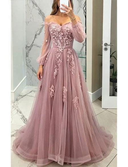 Gorgeous Long Tulle Pink Long Sleeved Prom Dress with Appliques